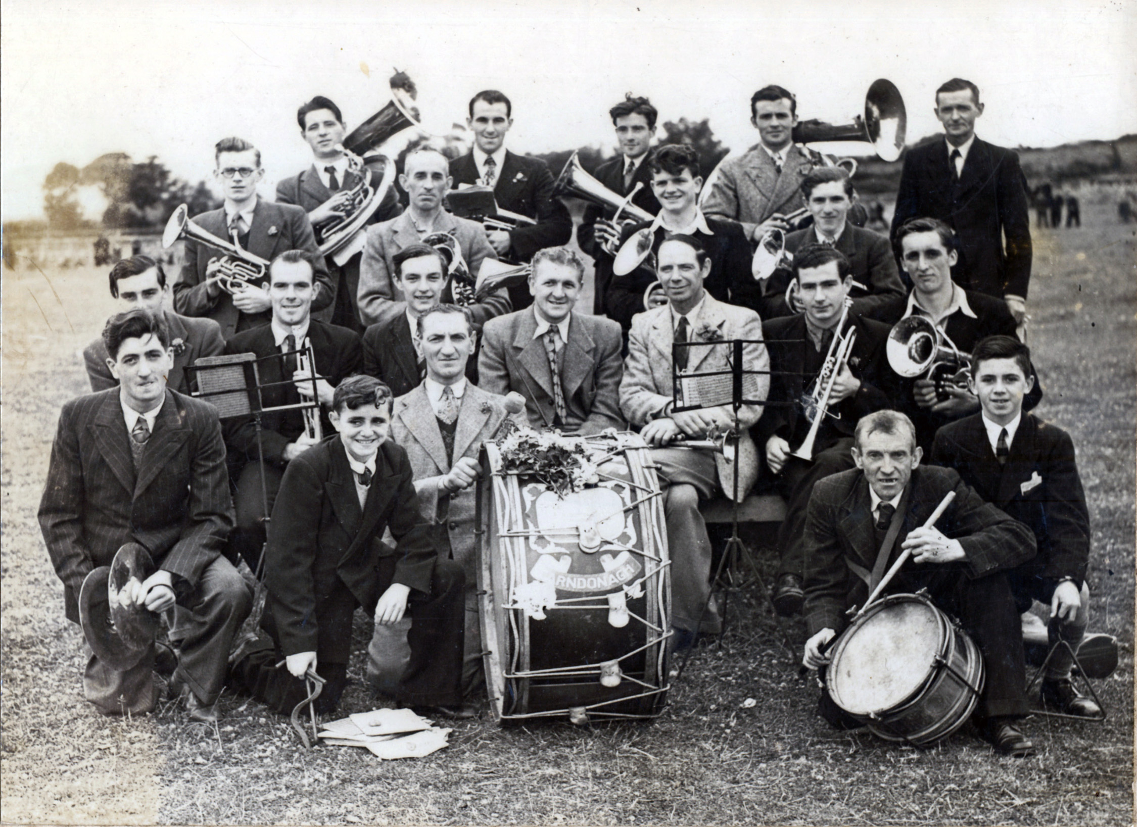 The Carndonagh Brass Band in the Showfield, Carndonagh, c. 1950